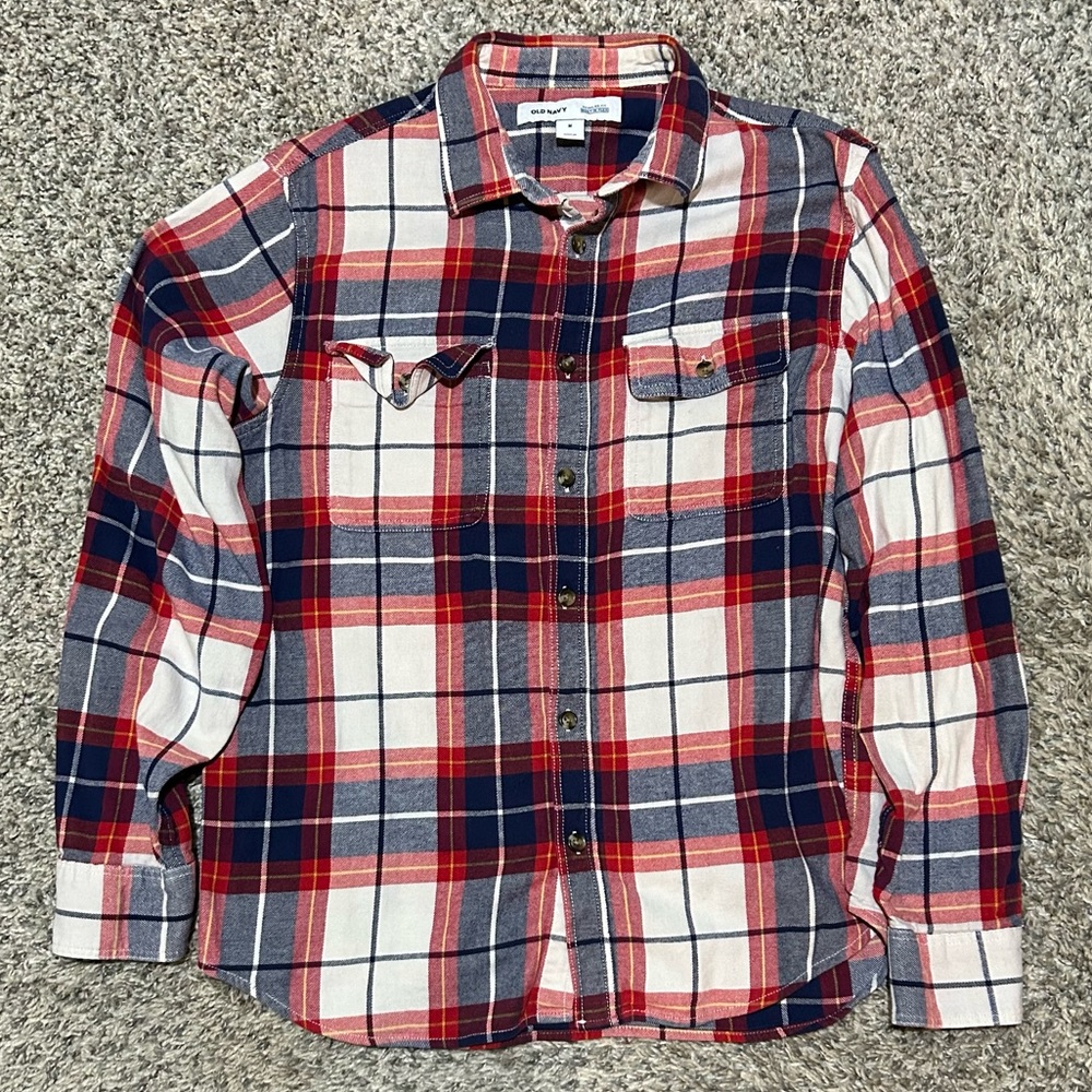 Old Navy Button Up Shirt Flannel Type Plaid Medium Regular Fit Built-In Flex